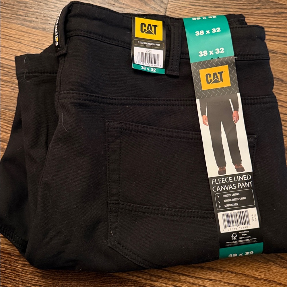 CAT Men's Straight Leg Fleece Lined Stretch Canvas Work Pants Black 38 x 32